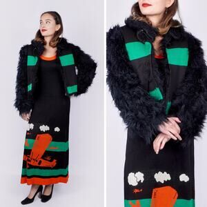 1970s Bi-plane Knit Dress w/ Matching Jacket Faux Fur Sleeves by Sant' Angelo |S